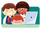 vector illustration of three kids using computer