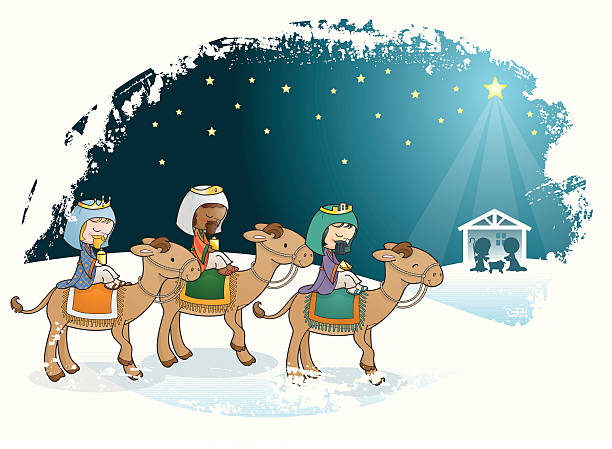 stockillustraties, clipart, cartoons en iconen met three kings kids nativity scene - wiegman