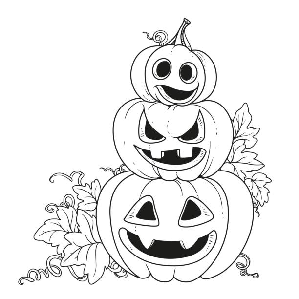 Three lantern from pumpkins with the cut out of a grin stand one Three lantern from pumpkins with the cut out of a grin stand one on another outlined for coloring page coloring pages stock illustrations