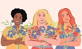 International Women's Day, 8 March. Three women of different nationalities and cultures standing together in spring flowers. Vector illustration