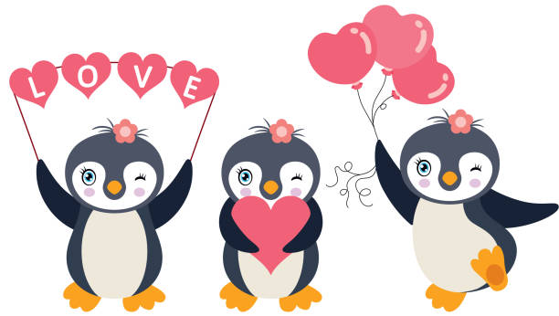 Three loving penguins for love party Scalable vectorial representing a three loving penguins for love party, element for design, illustration isolated on white background. baby penguin stock illustrations
