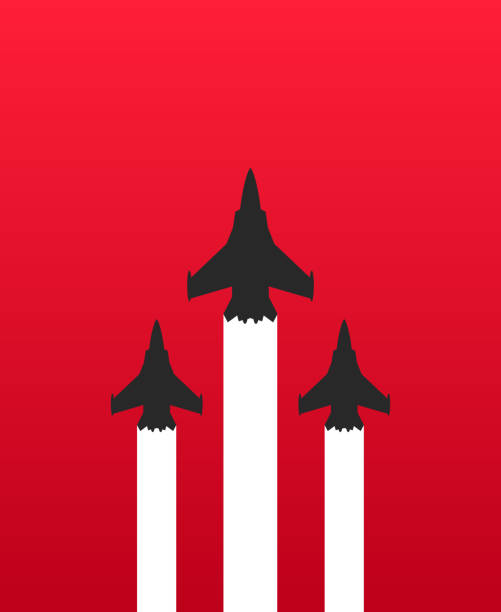 Three military fighter jets with white trails on red background. Aircraft show vector illustration Vector illustration flat design of three military fighter jets with white trails on red background. Aircraft show vector illustration airshow stock illustrations