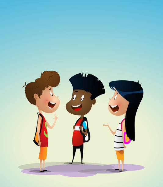Three multiracial kids discuss something. vector art illustration