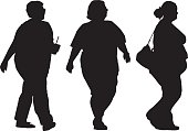 Vector silhouettes of three overweight women walking.