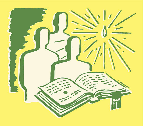 ilustrações de stock, clip art, desenhos animados e ícones de três pessoas na frente da bíblia pela luz da vela - bíblia