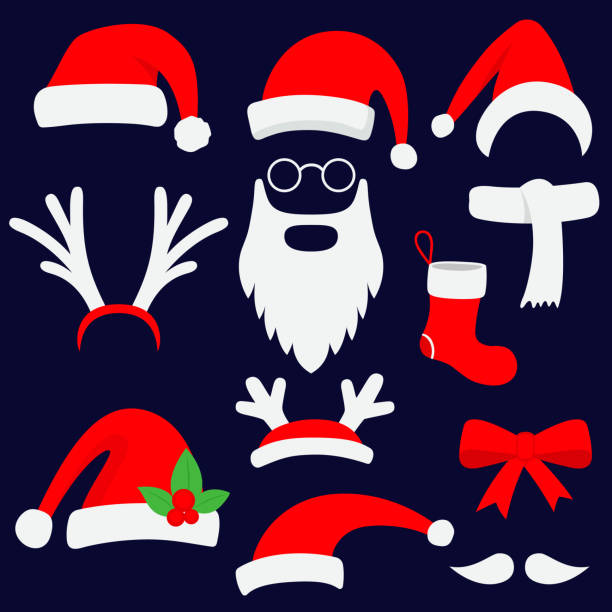 stockillustraties, clipart, cartoons en iconen met drie rode santa hoeden, hoorns, snor, baard en christmas stocking. vectorillustratie. - jaar van de hond