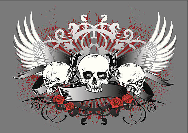 ilustrações de stock, clip art, desenhos animados e ícones de três skulls com asas e fundo floral - rock rose