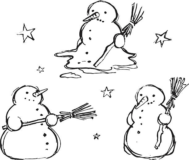Three Snowmen-Sketches Three Snowmen, one already melting but the other two still happy,  plus a few stars, drawn in a loose sketch style. melting snow man stock illustrations