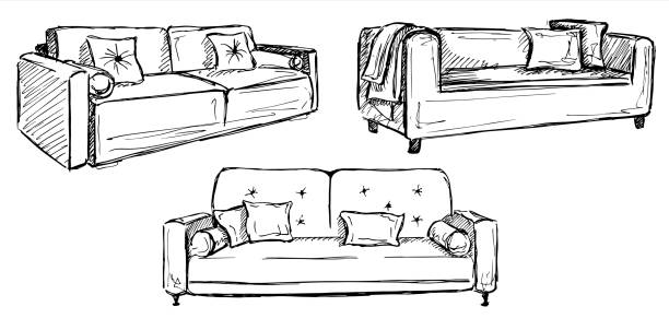 Three sofas isolated on white background.Vector illustration in a sketch style. Three sofas isolated on white background.Vector illustration in a sketch style. sofa stock illustrations