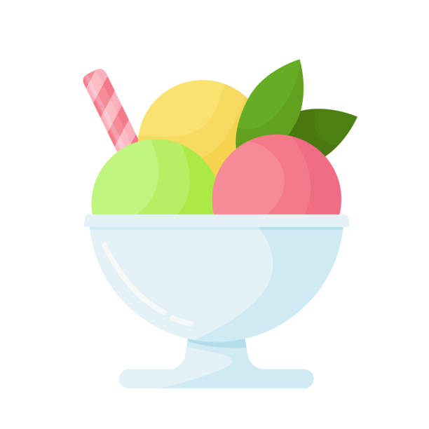 Three spoons of ice cream in bowl, decorated with mint leaves and sweet straw Three spoons of ice cream in bowl, decorated with mint leaves and sweet straw, isolated on white background. Strawberry, pistachio, vanilla ice cream. Simple color icon. Flat vector illustration bowl of ice cream stock illustrations