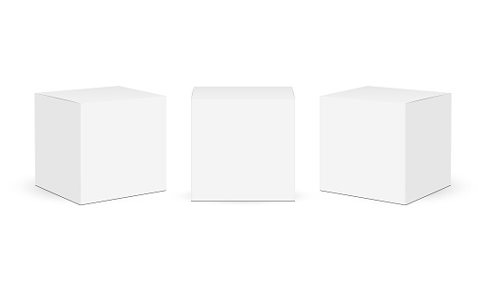 Three square paper boxes mockups isolated on white background