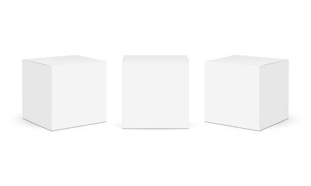 Three square paper boxes mockups isolated on white background Three square paper boxes mockups isolated on white background. Vector illustration white color stock illustrations