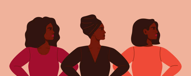 Three strong African women stand together. Three strong African women stand together. Concept of fighting for equality and female empowerment movement. Vector horizontal banner. african ethnicity stock illustrations