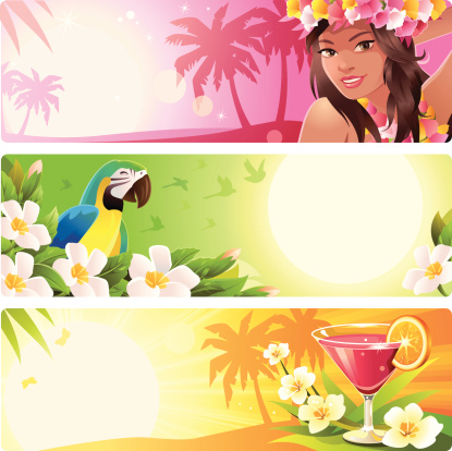 Three Tropical Backgrounds with Hawaiian Woman, Parrots and Beach Cocktail