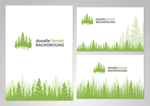 bildbanksillustrationer, clip art samt tecknat material och ikoner med tre varianter av layoutdesign med bakgrund av doodle-skogen. - spruce plant
