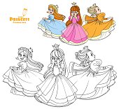 Three very cute princesses playing hide and seek color and outlined for coloring book isolated on white background