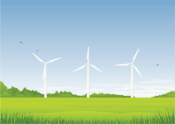 Three wind turbines vector art illustration