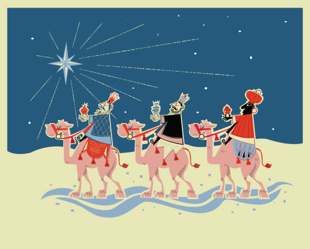 Illustration of the Three Wise Men On the way to nativity scene in Naive style