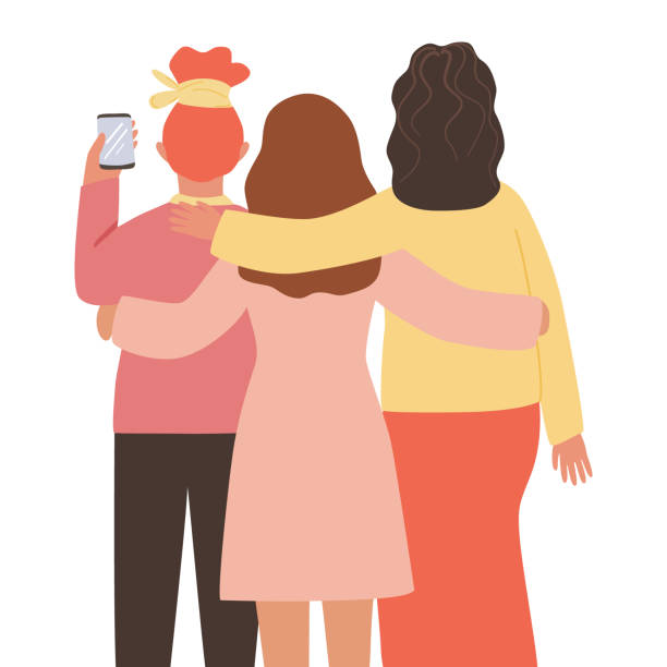 Three women hug, take a selfie on the phone. View from the back. Cartoon female character. Concept of friendship, love, help between diverse women. International women's day, feminism, group together Three women hug, take a selfie on the phone. View from the back. Cartoon female character. Concept of friendship, love, help between diverse women. International women's day, feminism, group together selfie silhouettes stock illustrations
