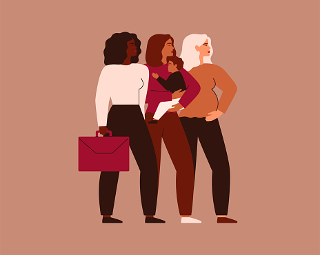Three women of different ethnicities stand together. Black Businesswoman, Mother with child, Pregnant female support each other.