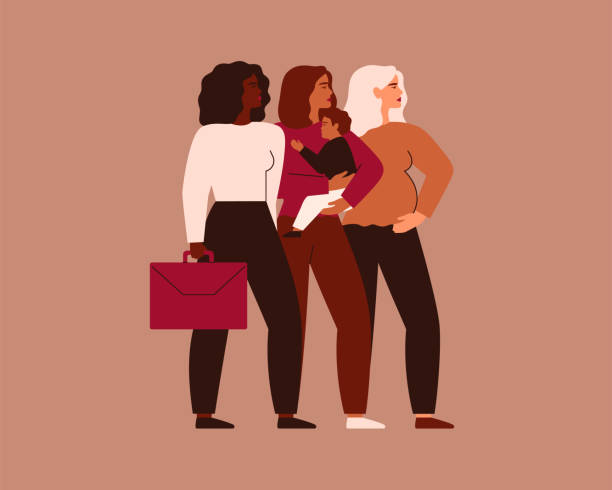 Three women of different ethnicities stand together. Black Businesswoman, Mother with child, Pregnant female support each other. vector art illustration