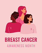 Three women with pink ribbons of different nationalities standing together. Breast cancer awareness prevention month banner. Concept of support and solidarity with females fighting oncological disease
