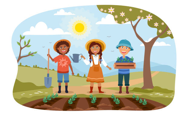 Three young children working in a garden together Three young children working in a garden together planting rows of spring vegetables standing smiling at the viewer, colored vector illustration gardening clipart stock illustrations
