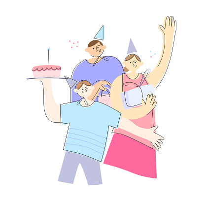 Three young men with gifts and a cake in their hands wish a happy birthday. Vektor flat illustration isolated on white background