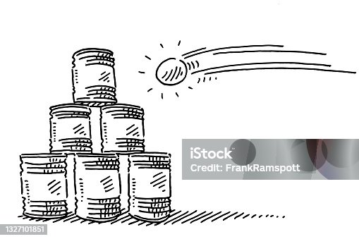 istock Throwing A Ball At Stack Of Cans Drawing 1327101851