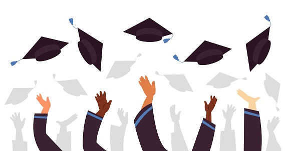 Throwing graduation caps. Cap flying up, student education celebration. University college or school, graduate with academic hats decent vector concept