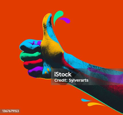 istock Thumb up like hand halftone with colorful paint splashes vector design. 1367679153