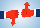 istock Thumbs up and thumbs down, fading arrows vs growing arrows, success and failure 1388870811