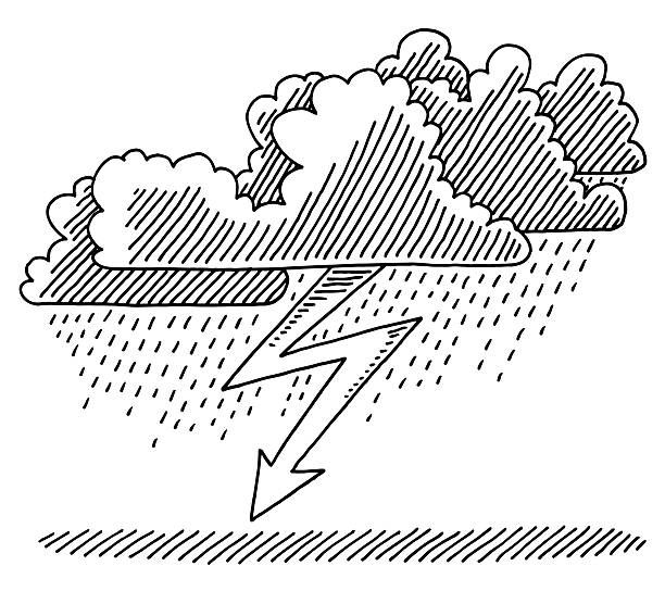 Thunderstorm Cloud Lightning Weather Drawing Hand-drawn vector drawing of a Thunderstorm Cloud and a Lightning, Bad Weather. Black-and-White sketch on a transparent background (.eps-file). Included files are EPS (v10) and Hi-Res JPG. rain drawings stock illustrations