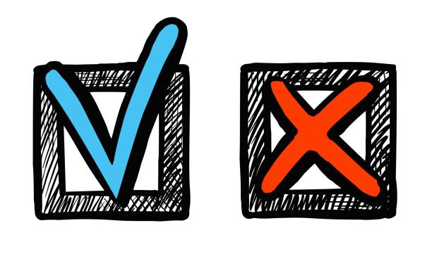 Tick and cross check mark sketch button icon set Check mark sketch. Vector voting agree and disagree checklist mark button set illustration. Checkmark and checkbox hand drawn in doodle style. Tick and cross check sign square frame sketch voting drawings stock illustrations