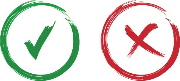 tick und kreuz-zeichen. grünes häkchen ok und roten x symbole, isoliert auf weißem hintergrund. - brushed eco vector stock-grafiken, -clipart, -cartoons und -symbole