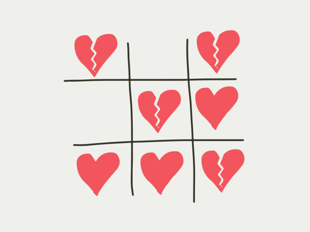 Tictactoe game of love heart and separated breaking heart. Love concept Tictactoe game of love heart and separated breaking heart. Love relationship, marriage, divorce breakup concept. Heartbreak part wins or more heartbreak in the relationship. The balance of the love divorce borders stock illustrations