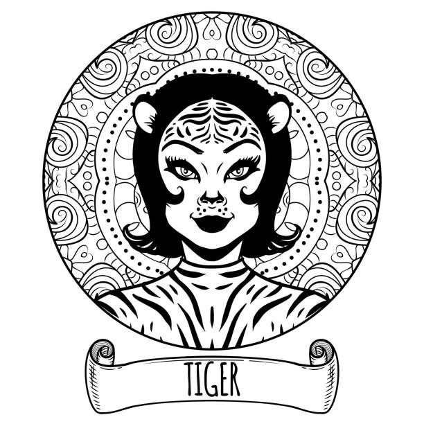 Tiger Chinese zodiac sign artwork as beautiful girl, adult coloring book page, vector illustration Tiger Chinese zodiac sign artwork as beautiful girl, adult coloring book page, vector illustration drawing of the bull head tattoo designs stock illustrations