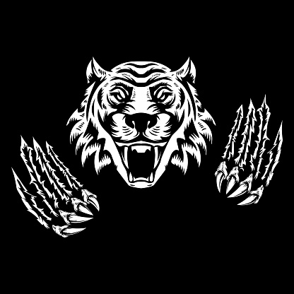 Tiger head and claws. Design element for emblem, sign, poster, t shirt. Vector illustration