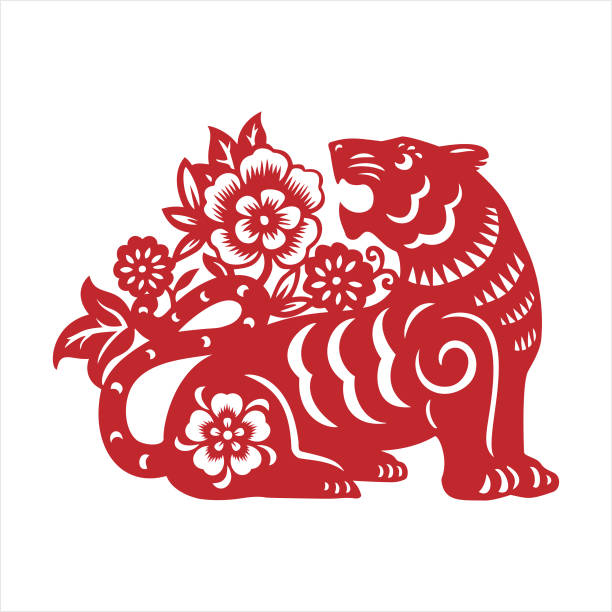 虎、ペーパーカットトラ、中国の干支、虎の年 - ベンガルトラ点のイラスト素材／クリップアート素材／マンガ素材／アイコン素材