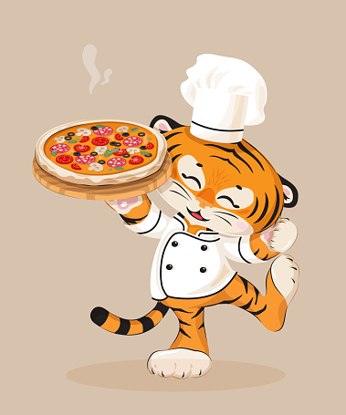 tiger pastry cook chief dancing with a pizza