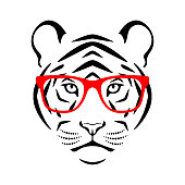 Tiger head wearing eyeglasses on a white background