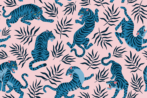 Tigers and tropical leaves. Trendy illustration. Abstract contemporary seamless pattern.