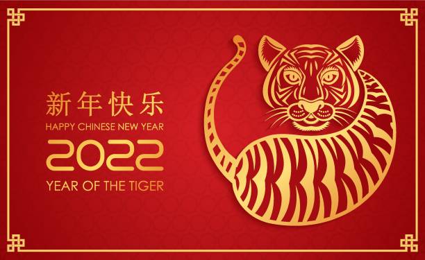 TIGRcard geometric tiger face symbol of 2022. Chinese New Year concept for the signs of the zodiac. vector illustration isolated on white background in asian style chinese new year stock illustrations