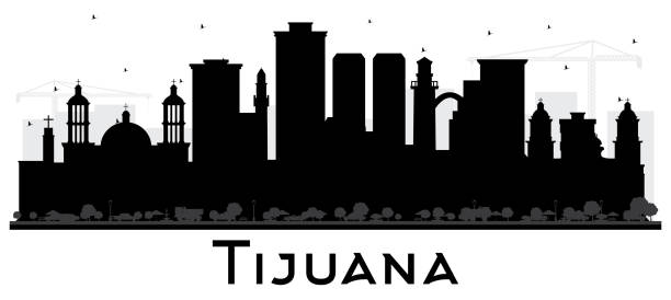 蒂華納墨西哥城天際線剪影與白色孤立的黑色建築。 - tijuana 幅插畫檔、美工圖案、卡通及圖標