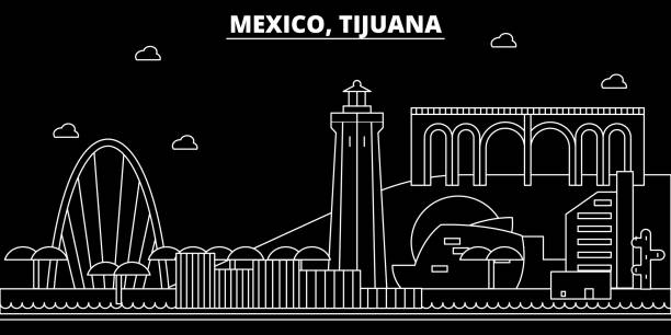티후아나 실루엣 스카이 라인. 멕시코-벡터 도시 티후아나, 멕시코 선형 건축, 건물. 티후아나 여행 그림, 개요 랜드마크입니다. 멕시코 플랫 아이콘, 멕시코 라인 배너 - tijuana stock illustrations