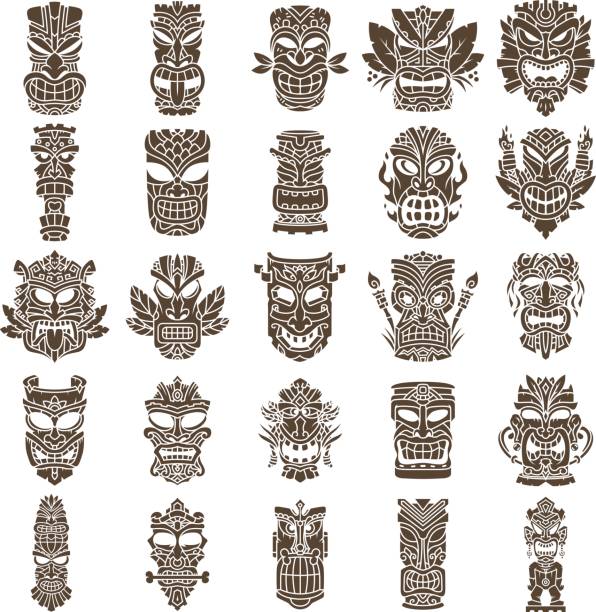 Tiki Head Design Set vector art illustration