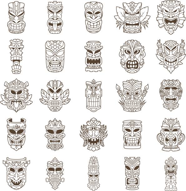 Tiki Head Line Art Set vector art illustration
