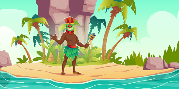 Tiki man in mask holding torch in hand on island
