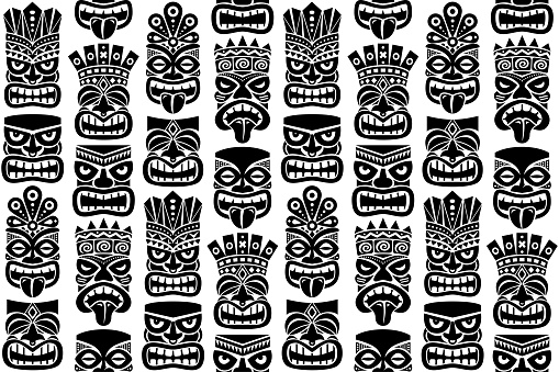 Tiki pole totem vector seamless pattern - traditional statue or mask repetitve design from Polynesia and Hawaii