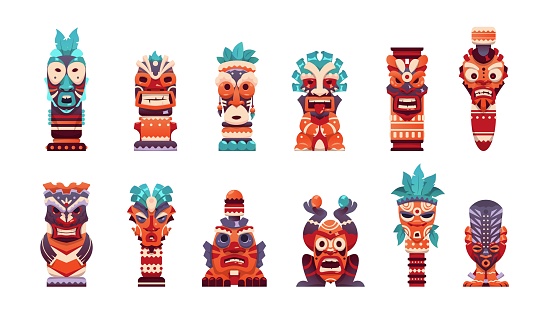 Tiki totem. Cartoon Hawaiian and African tribal statue. Maya and Aztec scary god face collection. Traditional indigenous sculpture. Isolated carving figure. Vector set of ancient idols